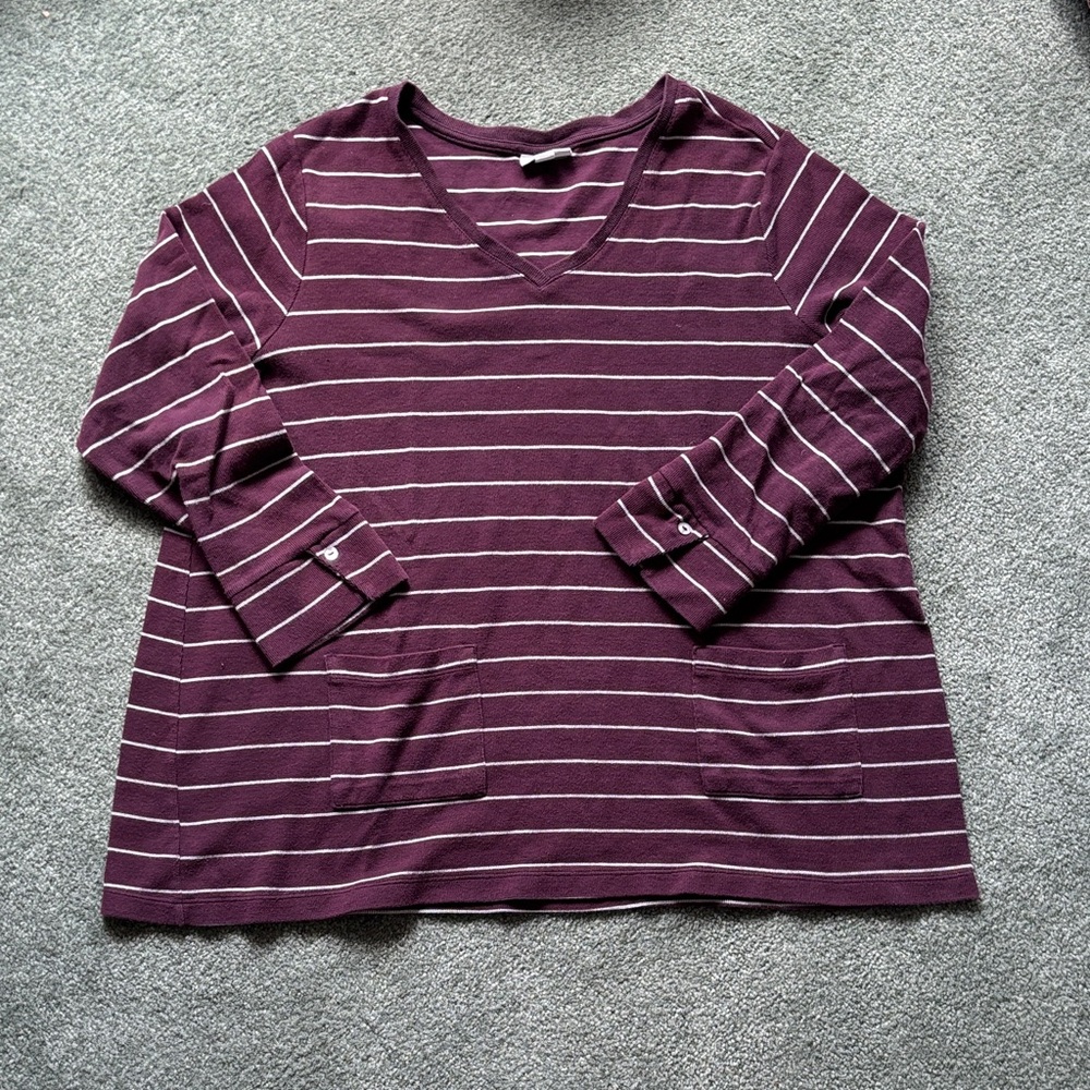 J. Jill Plum Striped V-Neck Long Sleeve Top